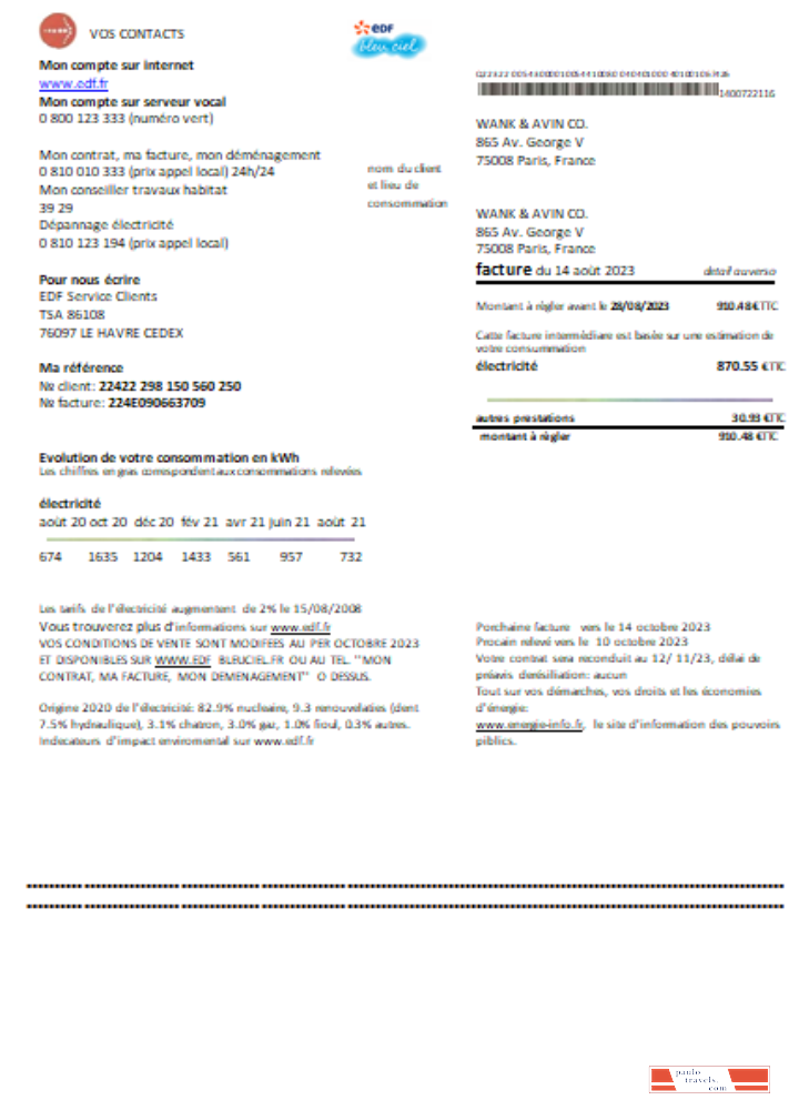 EDF France proof of address utility business bill,  SCR PSD template